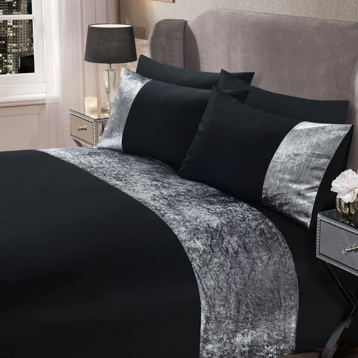 Sienna Crushed Velvet Band Duvet Set - Black 1 Sienna Crushed Velvet Band Duvet Set - Black