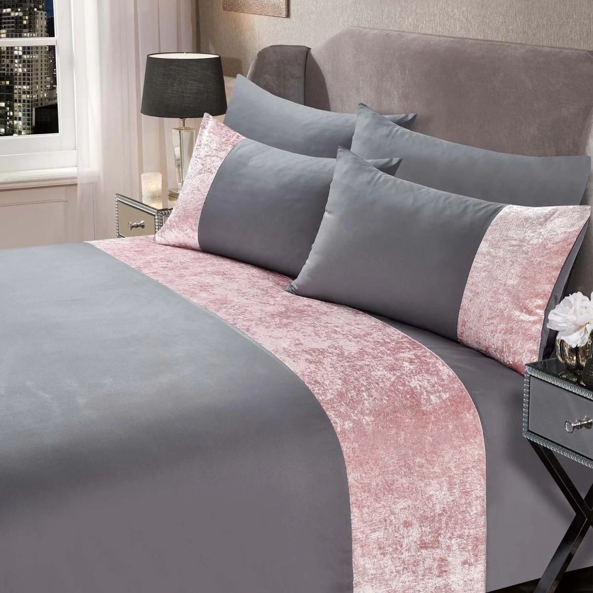 Sienna Crushed Velvet Band Duvet Set - Silver/Blush Pink 1 Sienna Crushed Velvet Band Duvet Set - Silver/Blush Pink