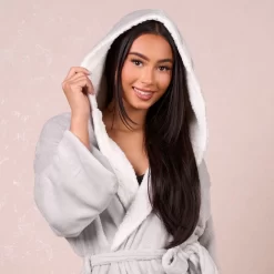 Sienna Hooded Sherpa Fleece Dressing Gown - Silver -Sienna Store sgshpld 3ss 1